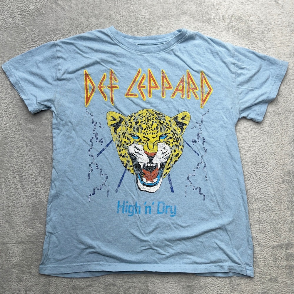 Def Leppard High n Dry Leopard Graphic T Shirt Light Blue Cotton Womens Size S